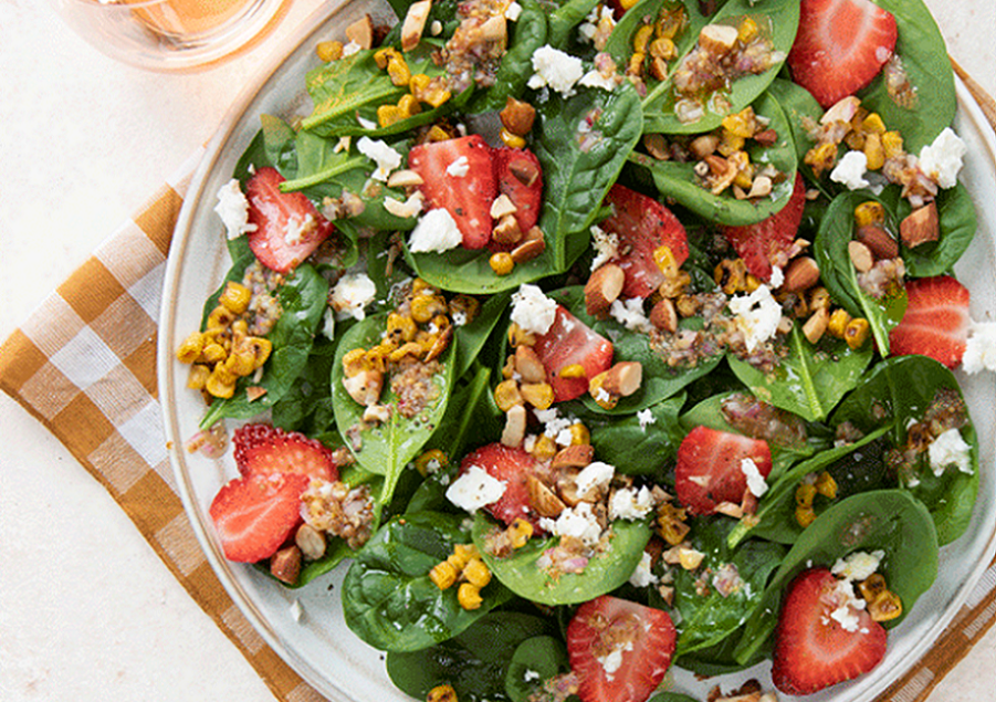 Summer Spinach Salad with Grilled Corn, Strawberries and Feta